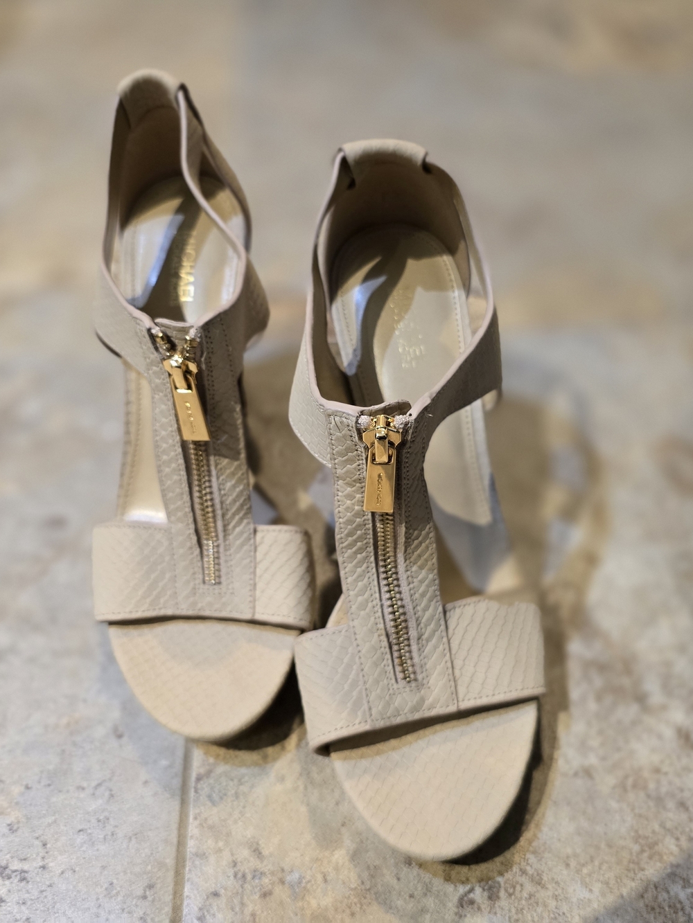Michael Kors Berkley Nude T-Strap Sandal Heels with Gold Zipper